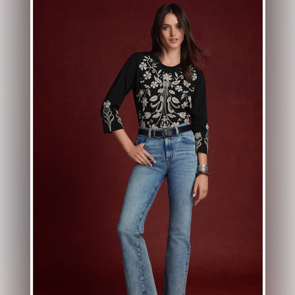 NWT Johnny Was PETITE 3/4 SLEEVE CREW- NECK TALITHIA $150 Top